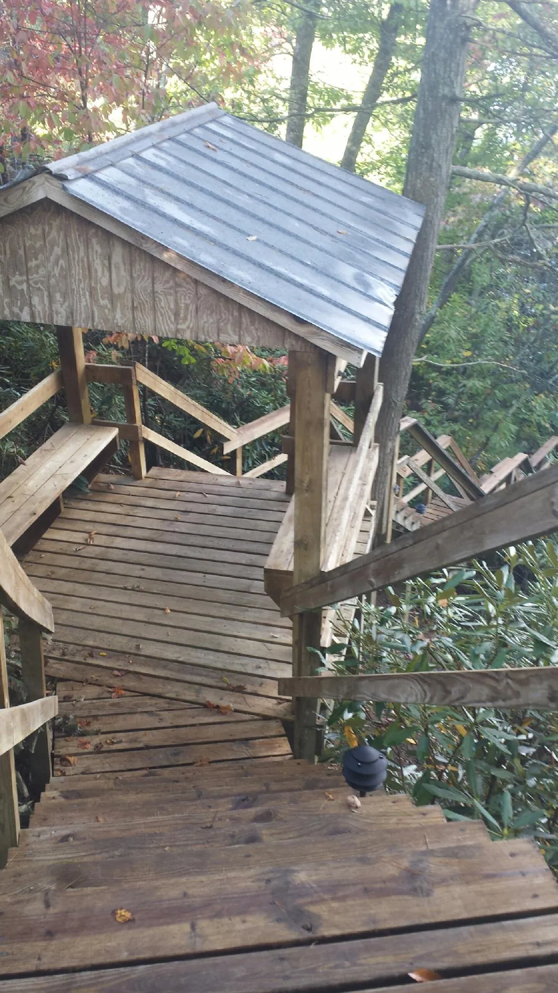 Metal roofed shelter over wooden steps on a wooded walkway — Skylight Repair & Installation work by our crew in Camino